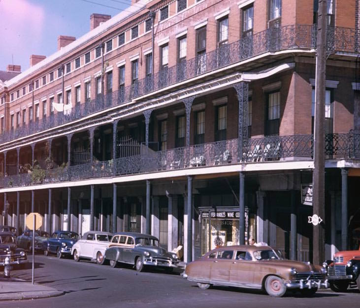 Pontalba building along north east side Jackson Square. St. Ann Street from Decatur, 1951