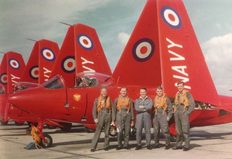 These five Royal Navy Seahawk FB 3s of 783 NAS team at Farnborough were the first aerobatic team to produce smoke during a display on September 5, 1957