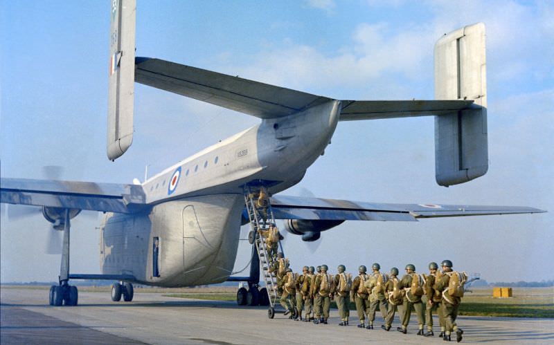Parachutists of the RAF Parachute Brigade boarding a Blackburn Beverly via the rear loading ramp. Possibly during Exercise Red Banner, October 1959