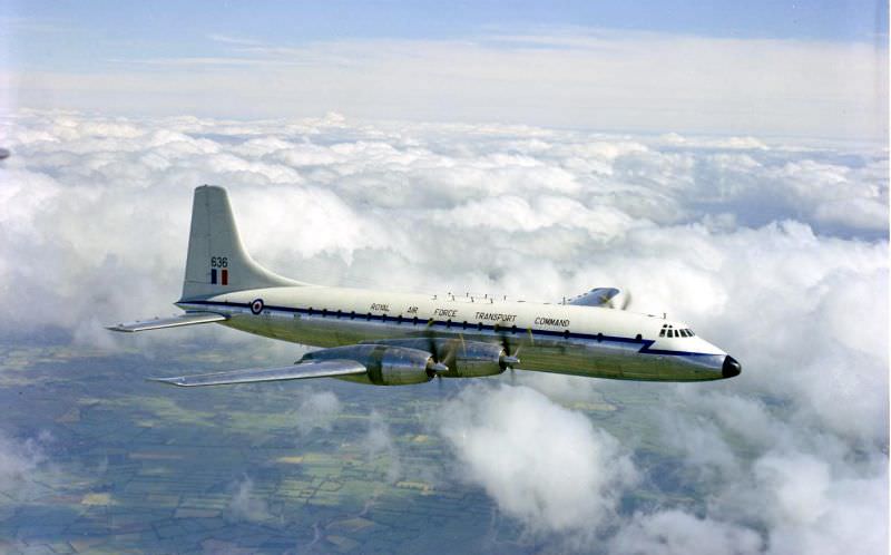 The first Bristol Britannia C.1 in RAF service, XL636 'Argo' of No. 99 Squadron is seen during a flight from its base at RAF Lyneham, soon after its delivery to the RAF on June 4, 1959
