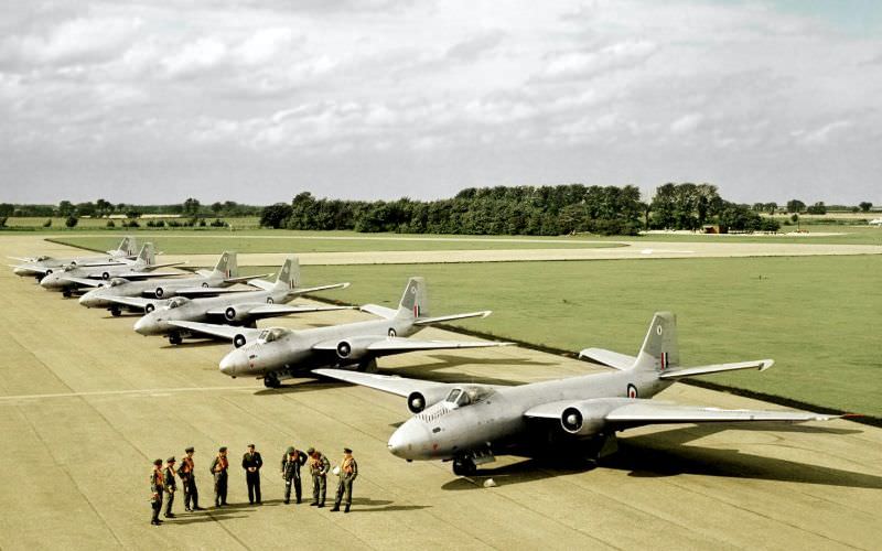 Six English Electric Canberra PR.9s and their crews, from No. 58 Squadron part of the Strategic Reconnaisance Force seen at RAF Wyton near St. Ives, Cambridgeshire, September 1960