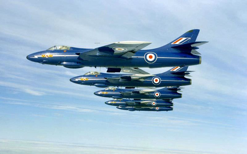 Five Hunter F.6s which formed part of the display team of No. 92 Squadron - The Blue Diamonds’ - are seen in tight line abreast formation rehearsing for the 1961 season