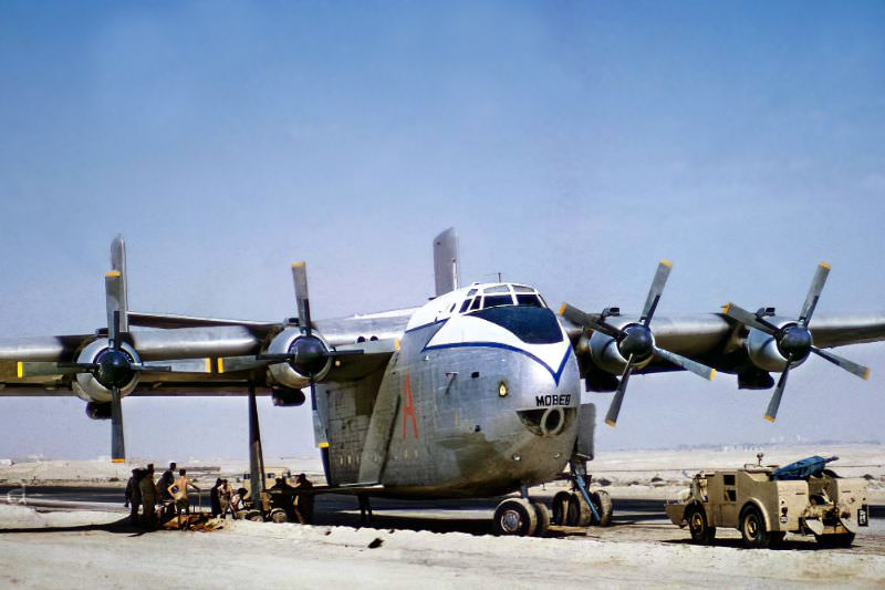 A Beverley heavy transport aircraft operated by the Royal Air force Transport Command stuck in the sand on the airstrip at RAF Sharjah in the UAE, 1962