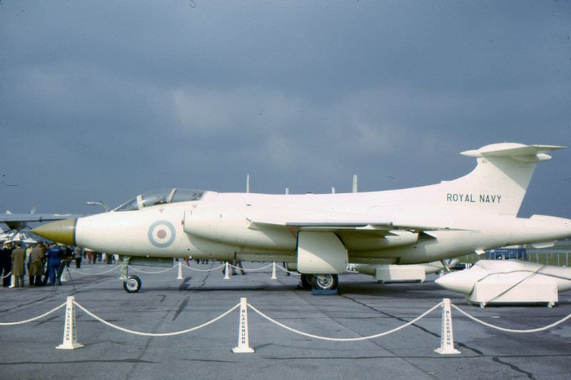 Buccaneer S.1 at the 1962 Farnborough Airshow; the anti-flash white color scheme is for the nuclear strike role, 1962