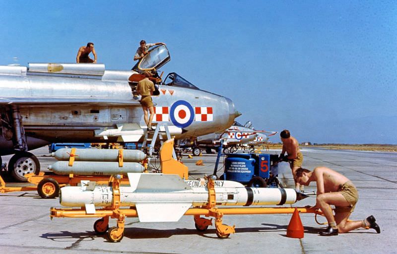 No. 56 (F) Squadron English Electric Lightning F.3 having Firestreak missiles loaded on it at RAF Akrotiri, Cyprus, 1963