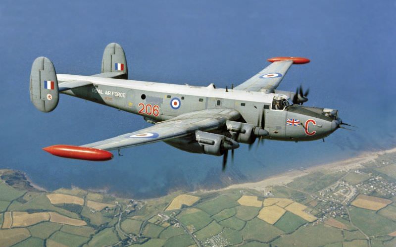 Avro Shackleton MR.3 XF707 of No. 206 Squadron flying over the north coast of Cornwall near its home station of RAF St Mawgan, 1964
