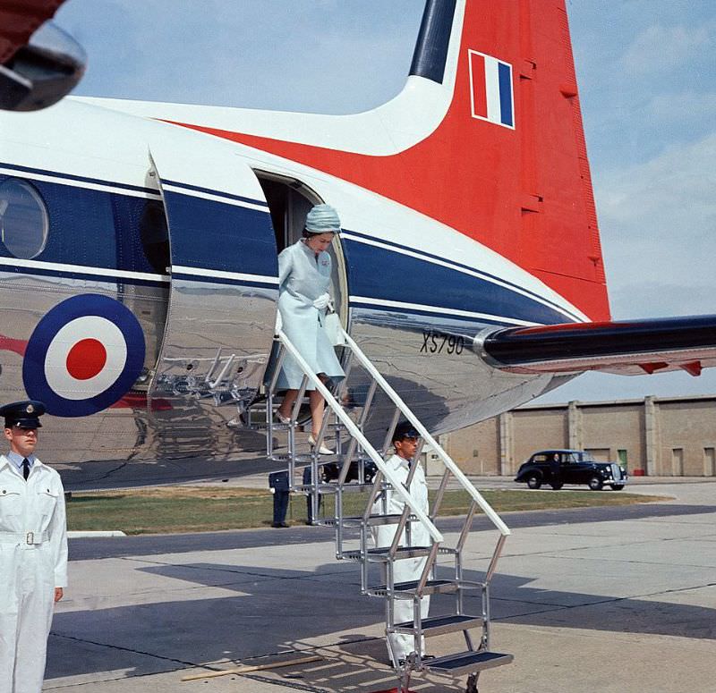 The Queen leaving a HS Andover at RAF Thorney Island West Sussex, 1964