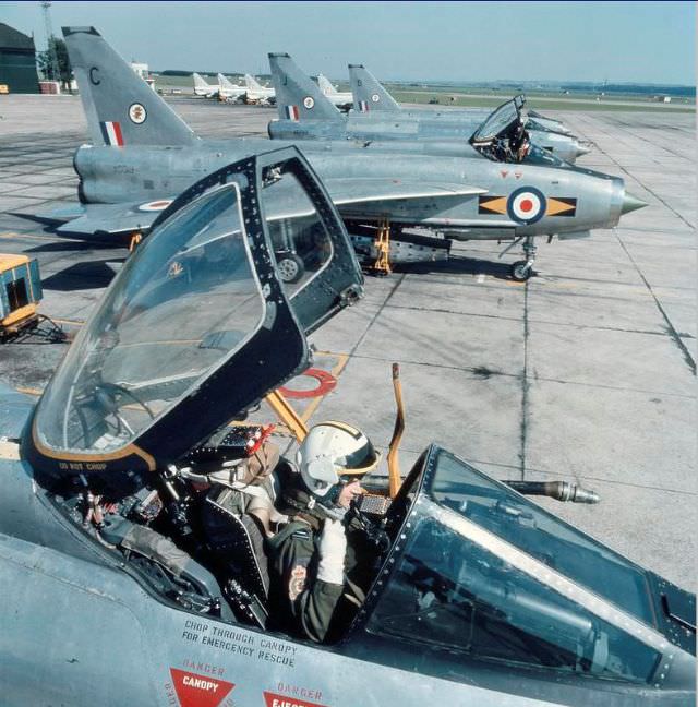 English Electric Lightning F6 fighters of No. 11 Squadron prepare for take-off at RAF Leuchars in Fife, 1965