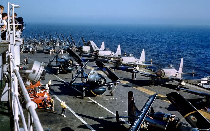 Fleet Air Arm, Westland Wyvern, Douglas Skyraider and Hawker Sea hawk aircraft on the deck of HMS Eagle, 1955