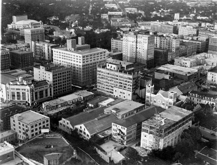 Aerial view looking northeast towards intersection of St. Mary's and Houston Streets, San Antonio, 1927