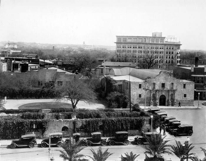 The Alamo and Crockett Hotel from roof of building on west side of Alamo Plaza, San Antonio, 1927