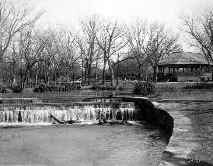 San Antonio River spillway and park pavilion, Brackenridge Park, San Antonio, 1927