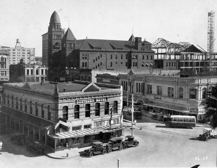 Southern Hotel and Bexar County Courthouse as seen from City Hall, San Antonio, 1927