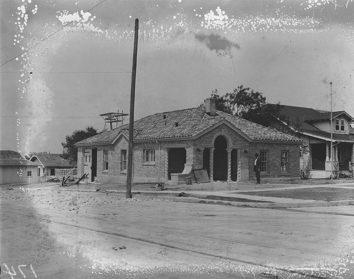 The exterior of Fire Station No. 17 at 547 W. Gramercy before it was completed, 1925