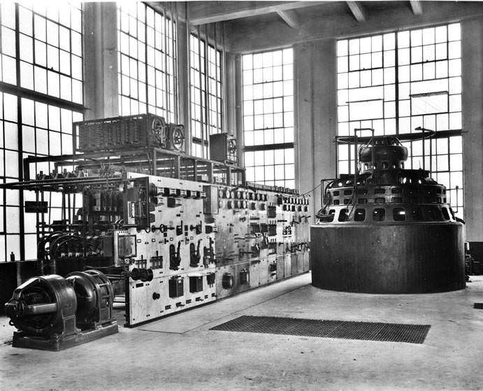 Interior of light and power plant at Landa Industries, New Braunfels, 1920s