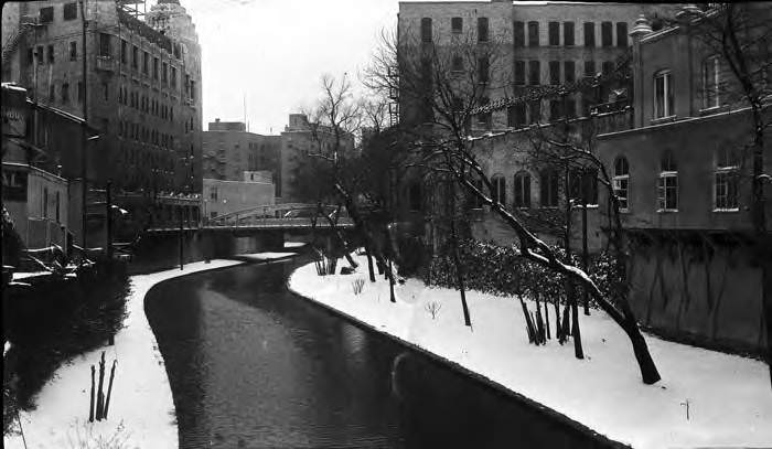 San Antonio River between Crockett and Commerce Streets after a snowfall, San Antonio, 1929