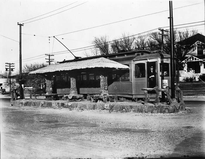 Streetcar 245 at waiting station, Alamo Heights, San Antonio, 1929