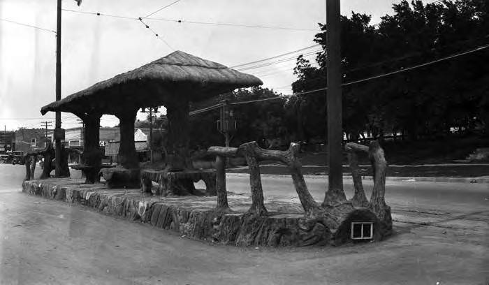 Streetcar stop on Broadway at corner of Patterson Avenue, Alamo Heights, San Antonio, 1927