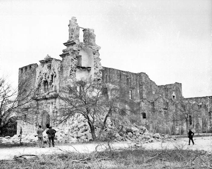 Exterior of church after collapse of the bell tower, Mission San Jose, 1928