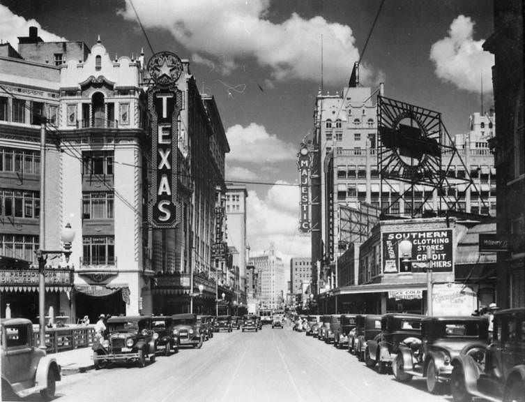 Looking east on Houston Street with the Texas Theater and the Majestic Theater in view, 1920s