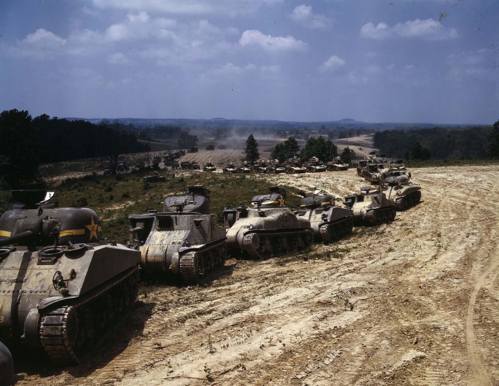 M4 and M3 tanks on maneuvers.