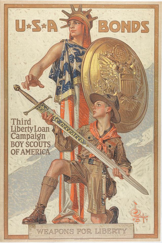 A boy holds a sword labeled 'Be Prepared', another person wearing a flag holds a shield behind the boy