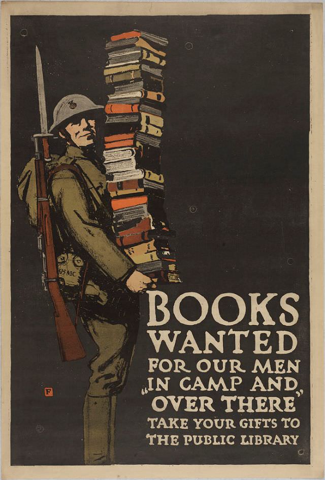 A marine carrying a stack of books and a rifle with a bayonet