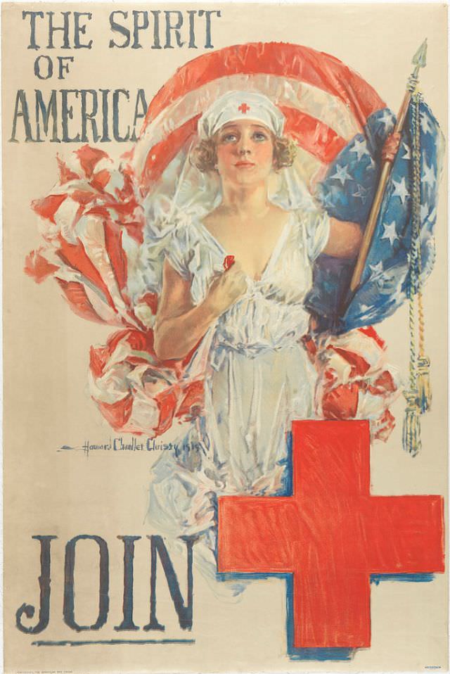 A nurse holding an American flag as 'the spirit of America,' and urges others to join the Red Cross