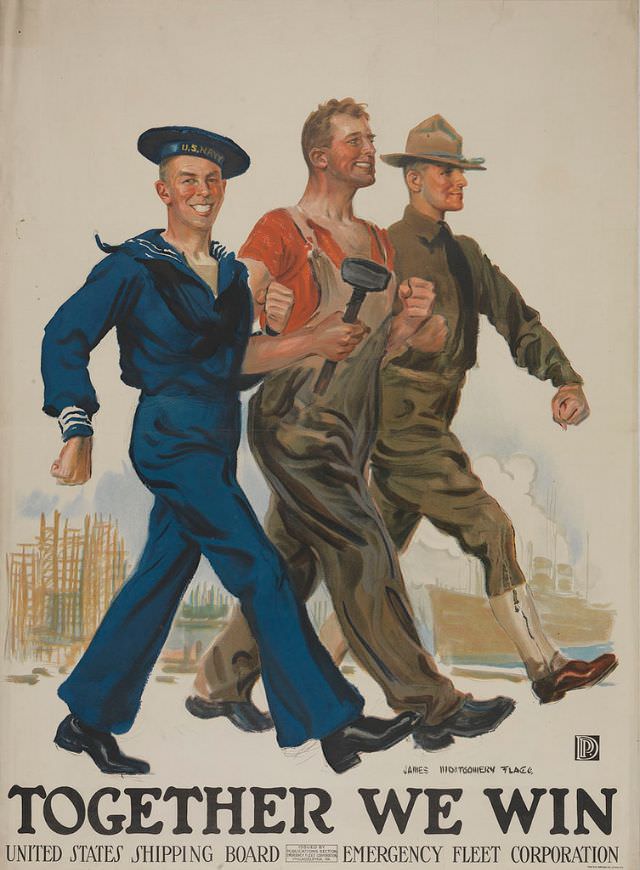 A sailor, workman, and soldier walking arm-in-arm on a dock