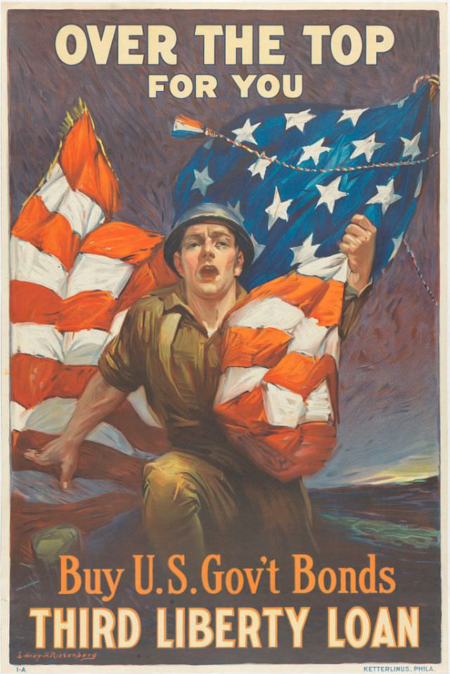 A soldier runs holding an American flag