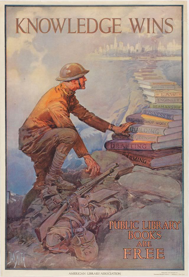 A solider putting down his gear and preparing to cross a bridge of books towards a city