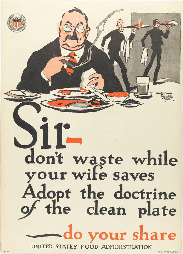 A waiter looking askance at a glutinous gentlemen, who has ordered five plates of food, none of which he finished