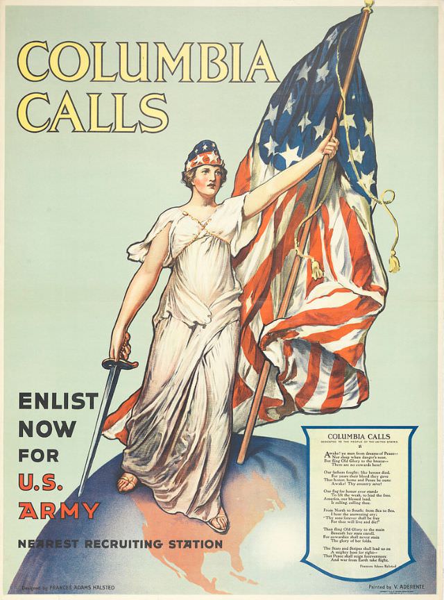 A woman carries a large American Flag while standing on a globe