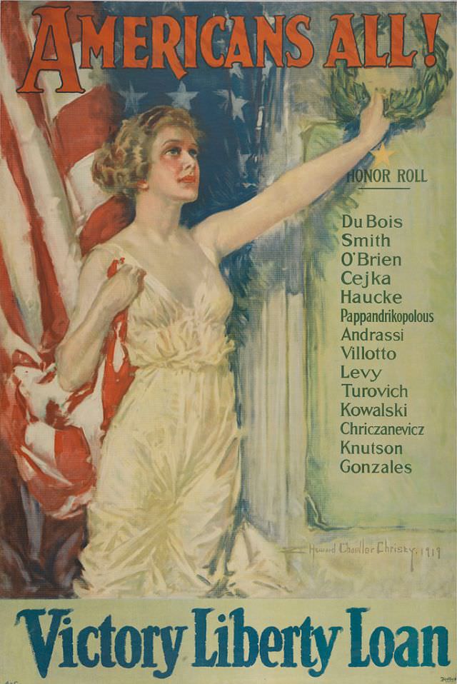 A woman extends one arm, holding a wreath, her other hand clutches a flag that is behind her