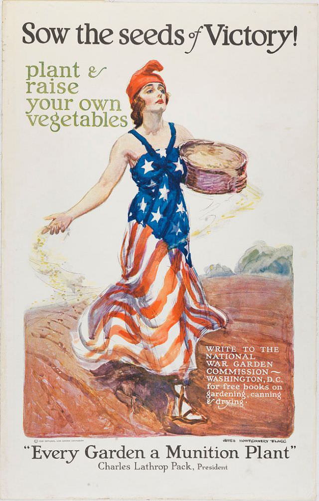 A woman wearing a dress styled after the American flag holds a basket and sows seeds