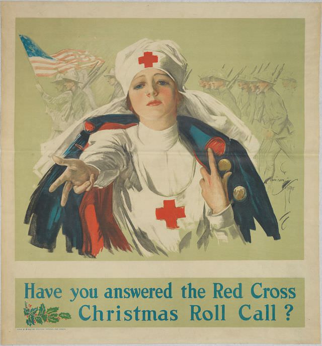 A young nurse wearing a Red Cross uniform reaches out to the audience while soldiers march behind her