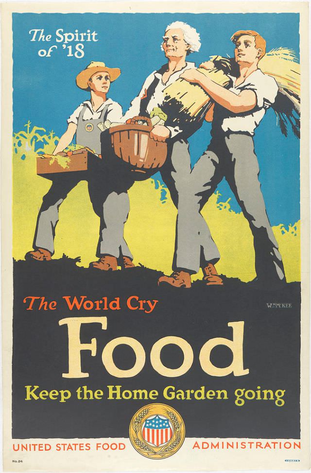 An older man flanked by two young men, bringing in food from a home garden