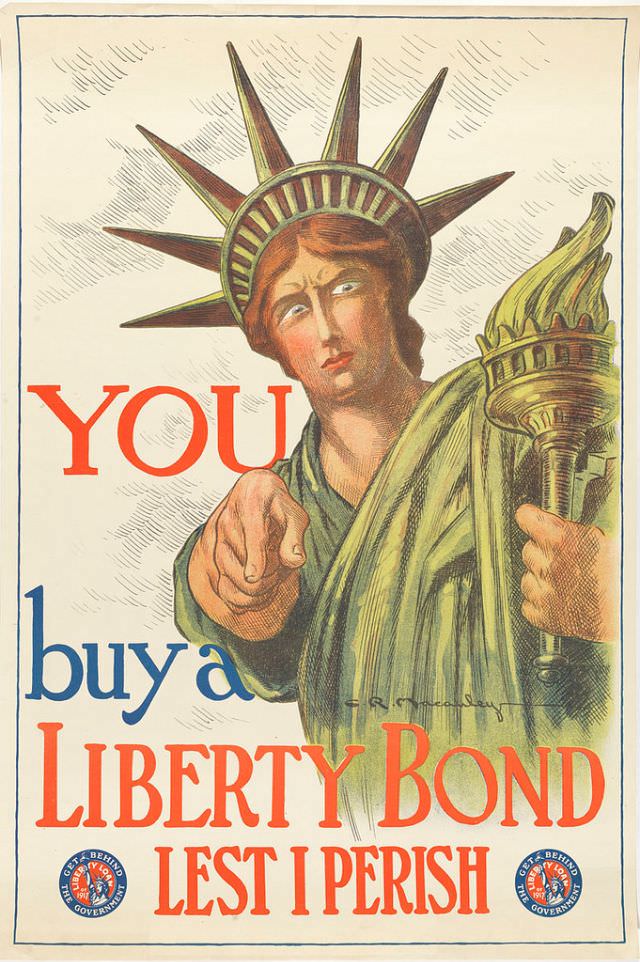 Lady Liberty urging Americans to buy liberty bonds, which would be redeemable for the bond's purchase price with interest after the end of the war