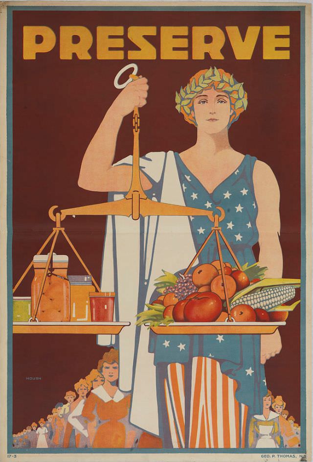 Lady Liberty-like figure holding a scale weighing fresh fruits and vegetables and canned preserves, countless women stand behind her