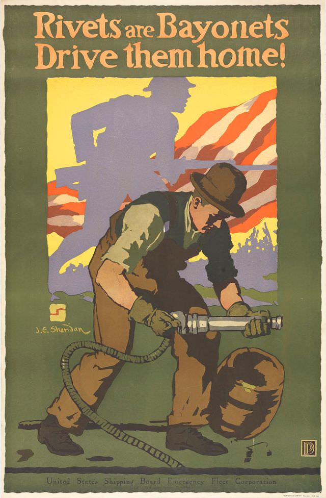 Man using a rivet gun in the foreground, and a soldier holding a rifle in the background