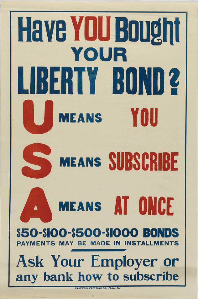 Poster encourages Americans to buy Liberty Bonds, saying that USA means 'You Subscribe At Once'