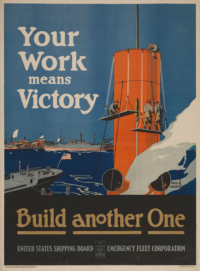 Poster implies the quickly building ships will help America win World War I