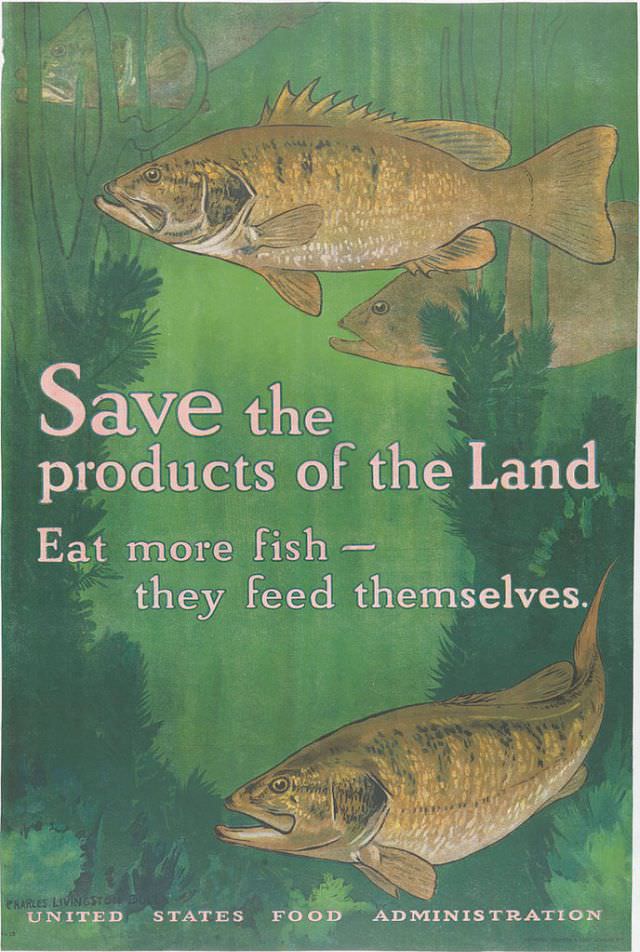 Poster urges Americans to eat fish because 'they feed themselves,' unlike land animals