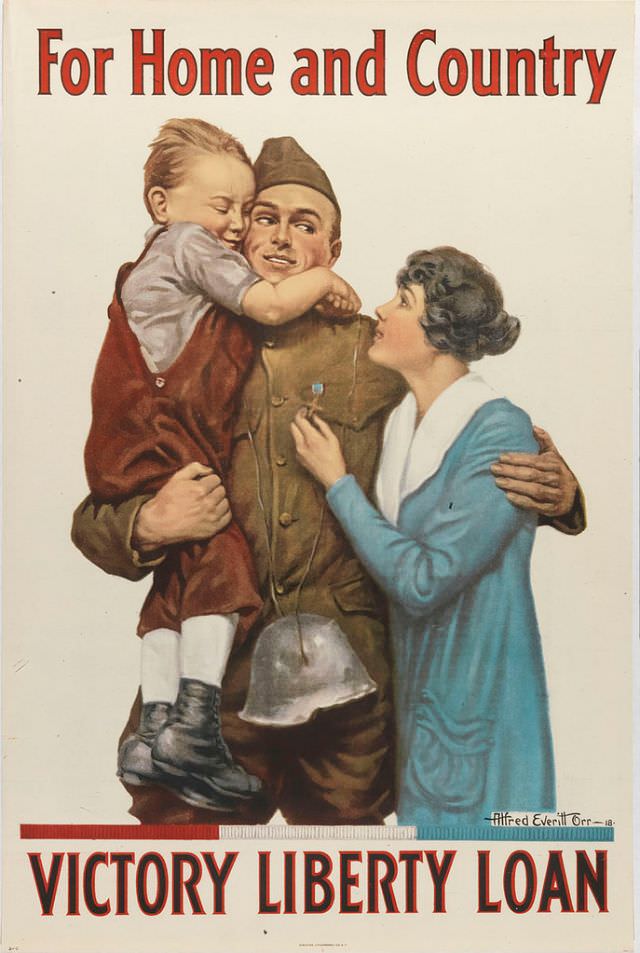 Soldier holding child and woman in his arms