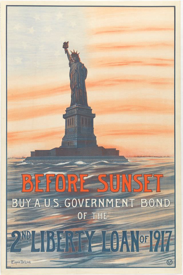 The Statue of Liberty stands in front of a sky colored like the American Flag with text asks Americans to purchase Liberty Loans