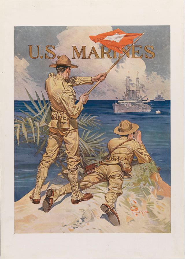 Two marines on a beach, one waves a flag while the other watches ships through binoculars