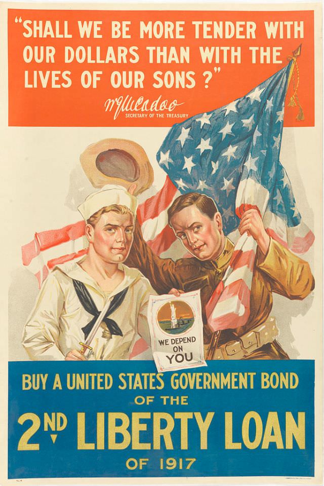 Two men in uniform stand in front of an American flag, with one holding a poster that reads, 'We Depend On You'