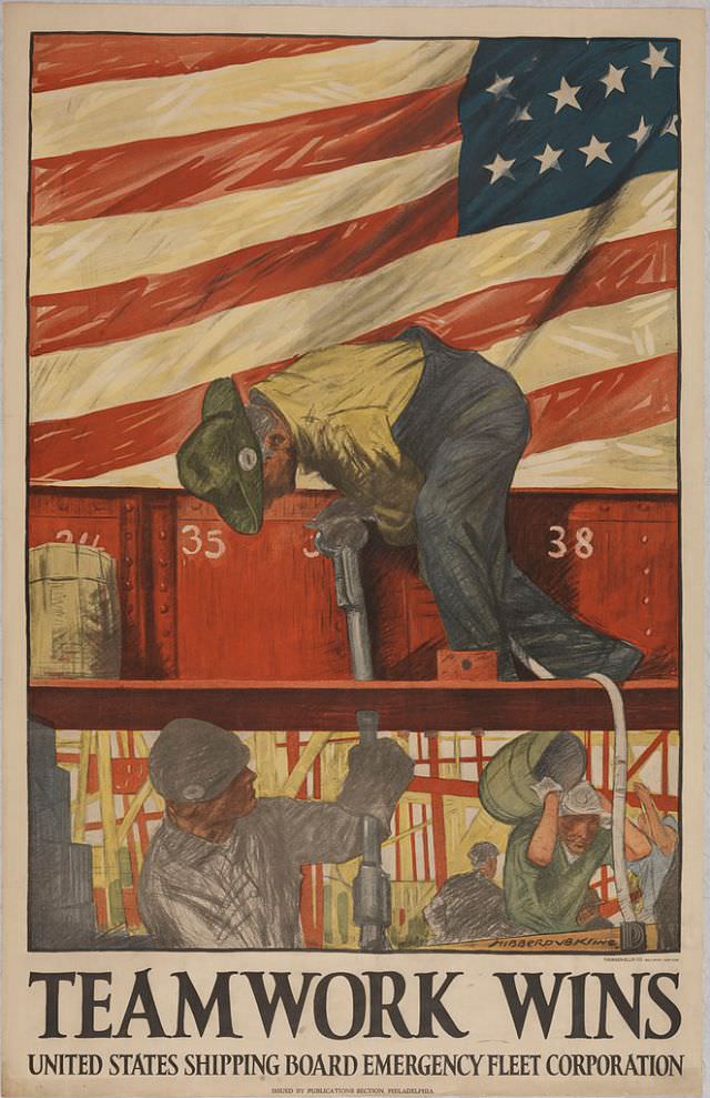 Two men work to build a ship under an American flag