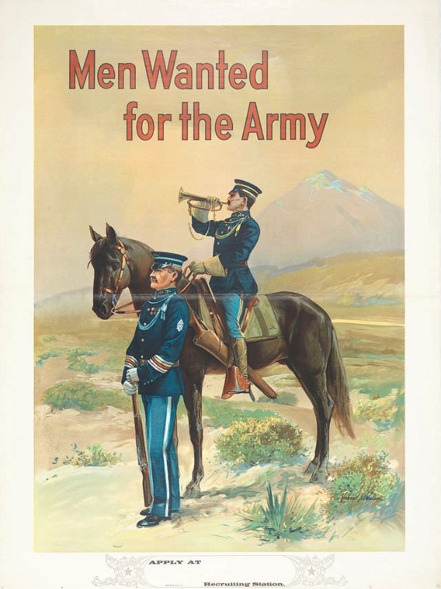Two soldiers stand in front of a mountain, one of whom is on a horse