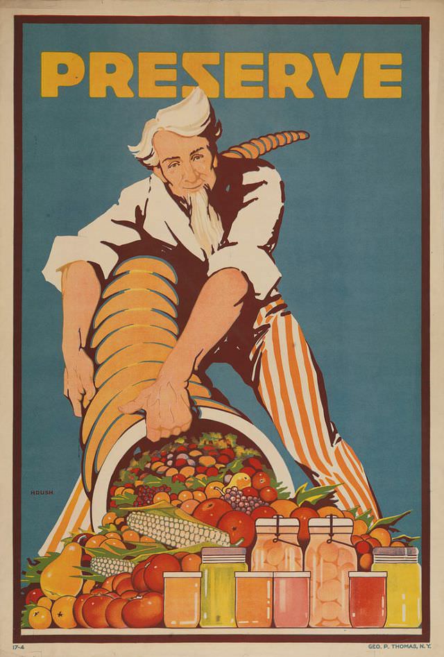Uncle Sam pouring out a cornucopia full of fruit and vegetables
